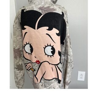 Fleischer Studios Betty Boop Camo Leaf Zip‎ Up Hoodie XL Tan Grey Graphic Back